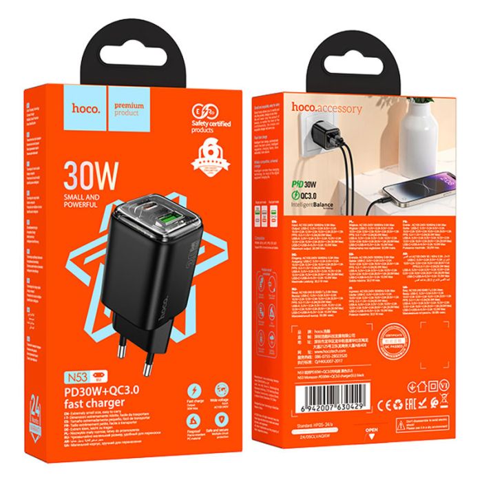 МЗП Hoco N53 Monsoon PD30W+QC3.0 (1USB-A/1C)