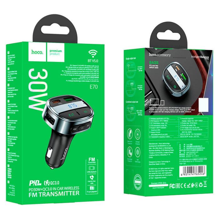 АЗП FM модулятор Hoco E70 PD30W+QC3.0 (1USB-A/1C)