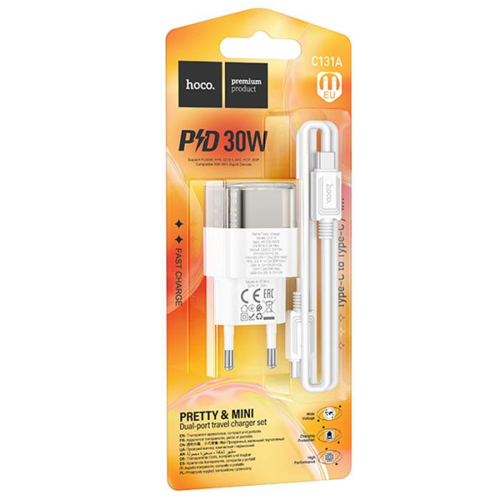 МЗП Hoco C131A Platium PD30W+QC3.0 (1USB-C) + кабель Type-C to Type-C