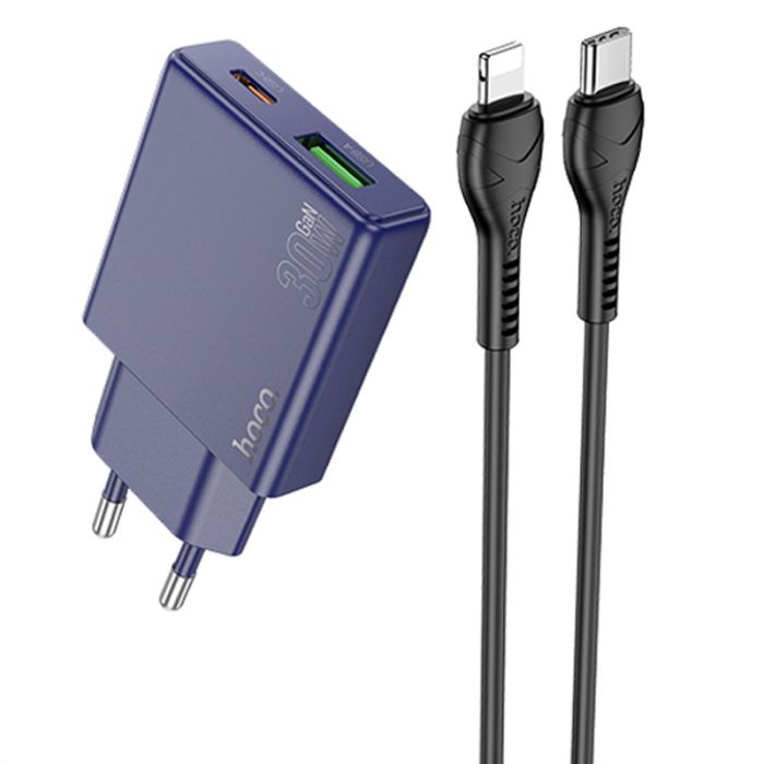МЗП Hoco N45 Biscuit PD30W+QC3.0 (1USB-A/1C) + кабель Type-C to Lightning