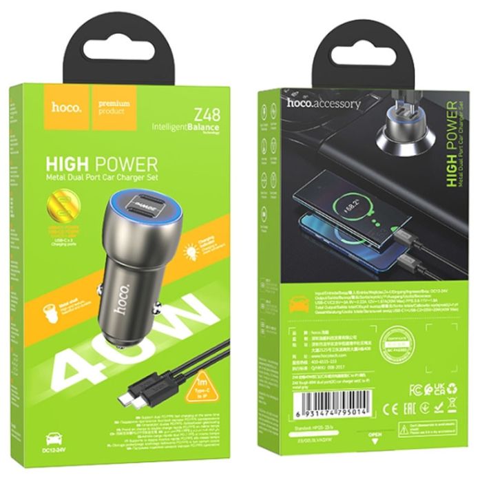 АЗП Hoco Z48 Tough 40W (2USB-C) + кабель Type-C to Lightning