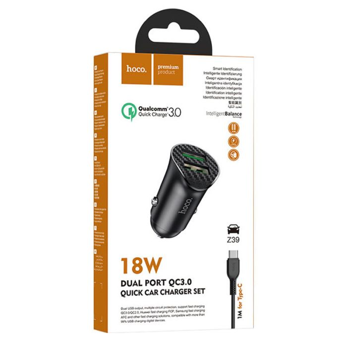 АЗП Hoco Z39 Farsighted QC3.0 18W (2USB-A) + кабель USB to Type-C