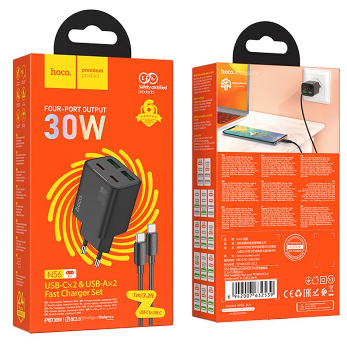 МЗП Hoco N56 Fundador PD30W four-port (2USB-A/2C) + кабель Type-C to Type-C