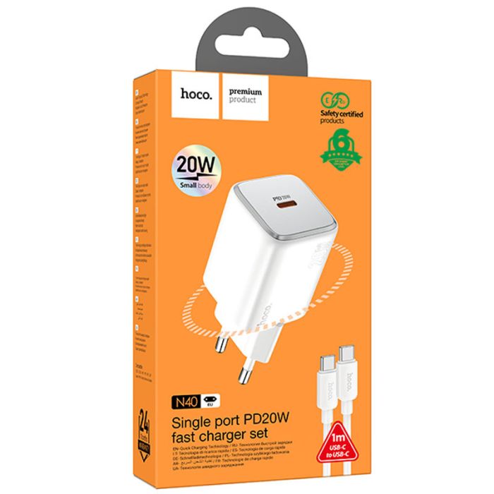 МЗП Hoco N40 Mighty PD20W (1USB-C) + кабель Type-C to Type-C