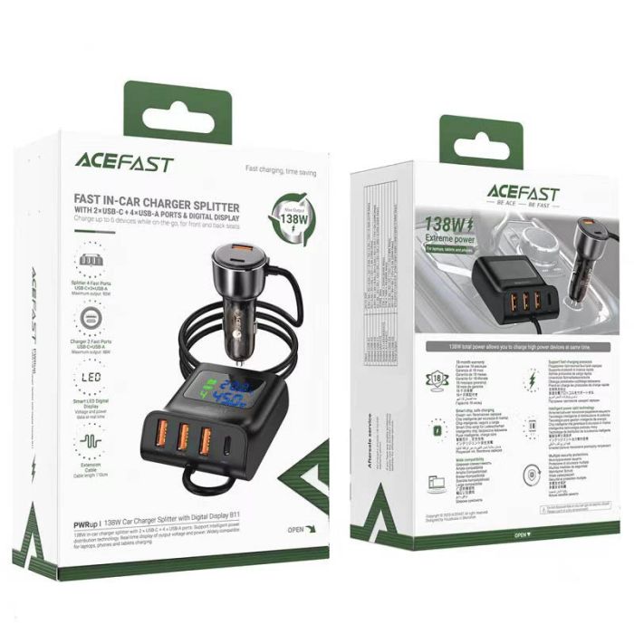 АЗП Acefast B11 Car Charger Splitter with Digital Display 138W (4USB-A/2C)
