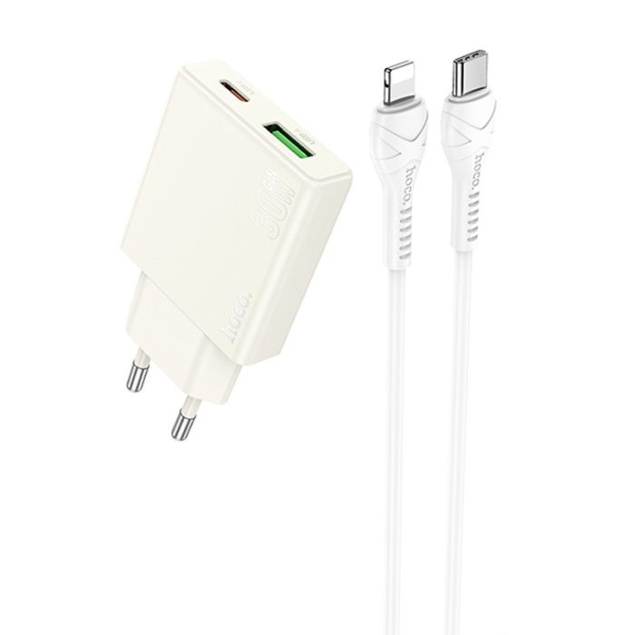 МЗП Hoco N45 Biscuit PD30W+QC3.0 (1USB-A/1C) + кабель Type-C to Lightning