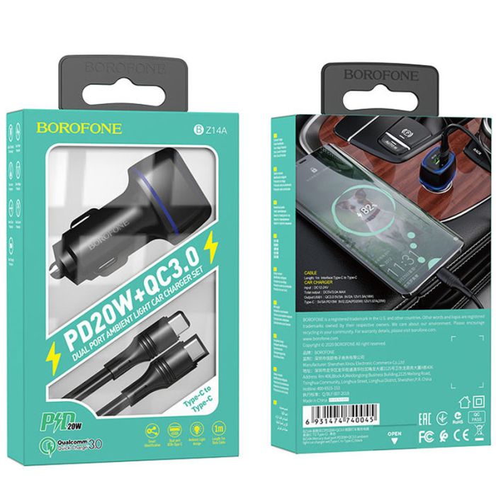АЗП Borofone BZ14A Mercury PD20W+QC3.0 3A (1USB-A/1C) + кабель Type-C to Type-C