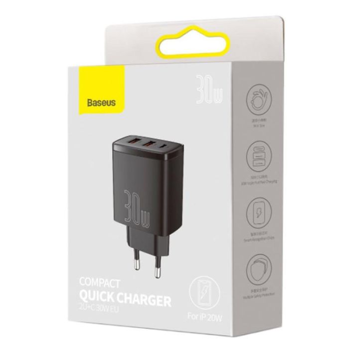 МЗП Baseus Compact Quick Charger 30W QC+PD (2USB-A/1C) (CCXJ-E)