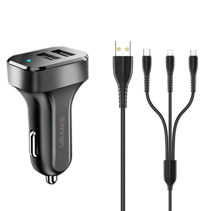АЗП Usams C13 2.1A (2USB-A) + кабель 3in1 (USB to M+L+C)