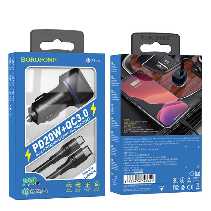 АЗП Borofone BZ14A Mercury PD20W+QC3.0 3A (1USB-A/1C) + кабель Type-C to Lightning