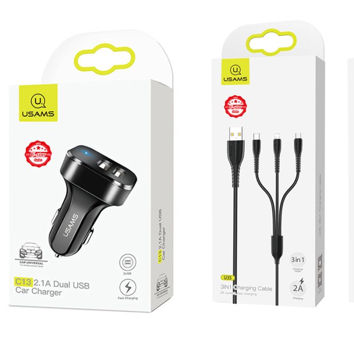 АЗП Usams C13 2.1A (2USB-A) + кабель 3in1 (USB to M+L+C)